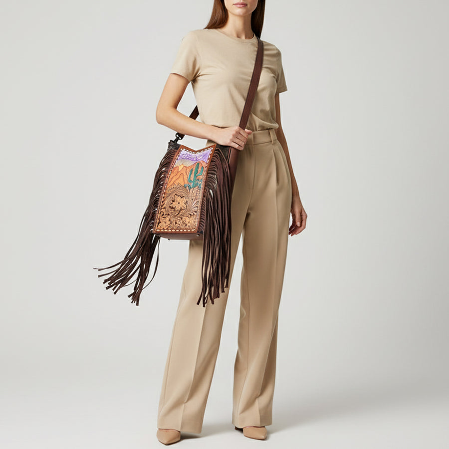 American Darling Large Crossbody Hand Tooled Hair On Genuine Leather Women Bag Western Handbag Purse