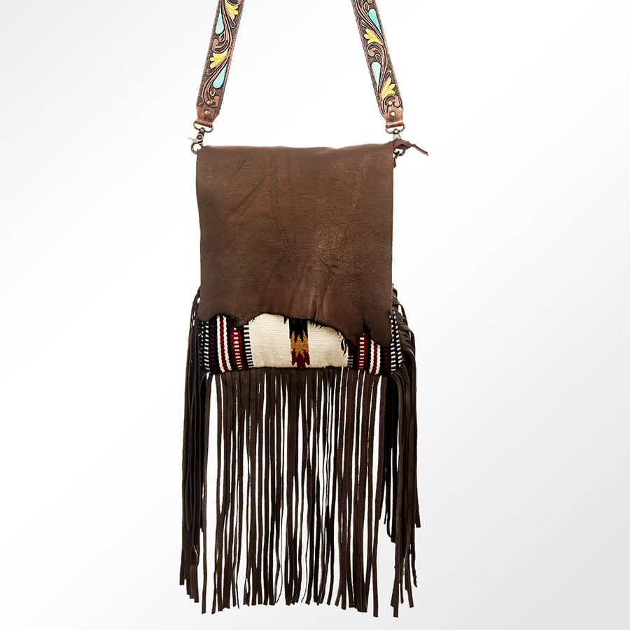 American Darling Cross body Bag Hand Tooled Floral Carved Genuine Leather Western Purse with Woven Saddle Blanket & Fringes