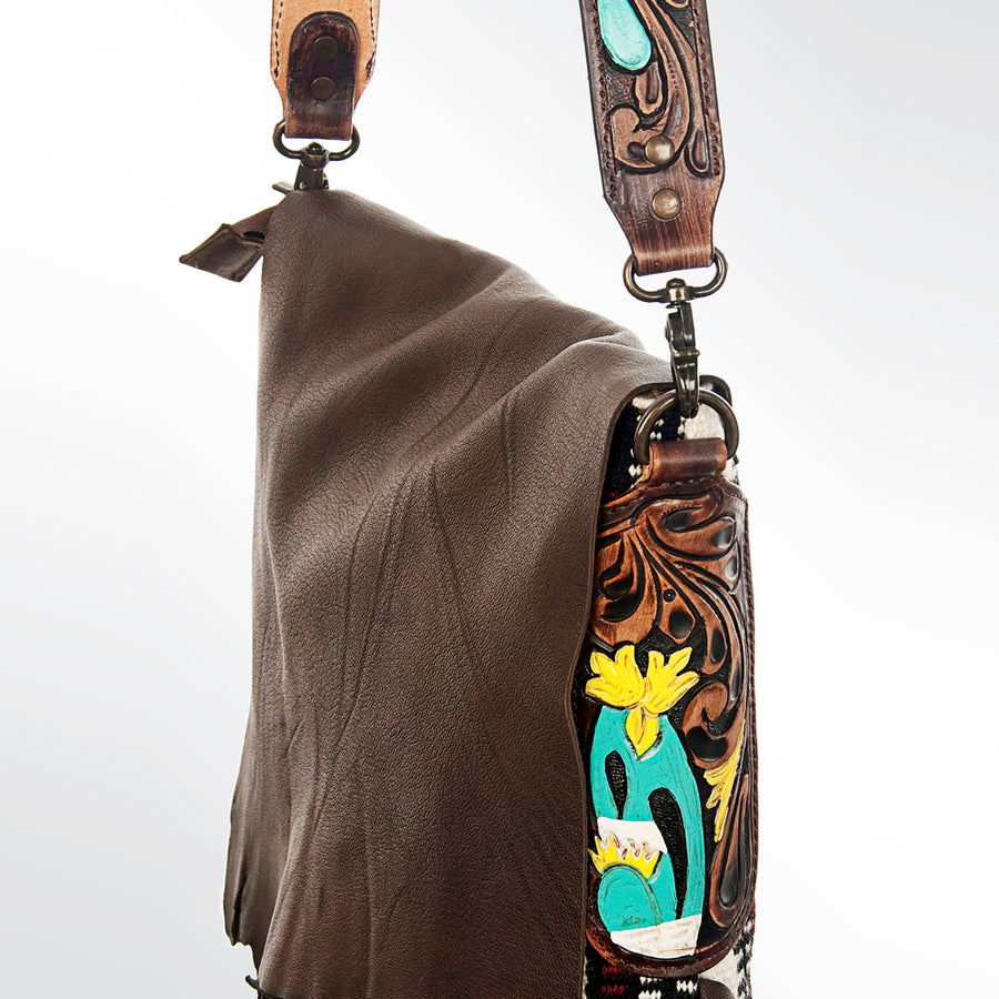 American Darling Cross body Bag Hand Tooled Floral Carved Genuine Leather Western Purse with Woven Saddle Blanket & Fringes