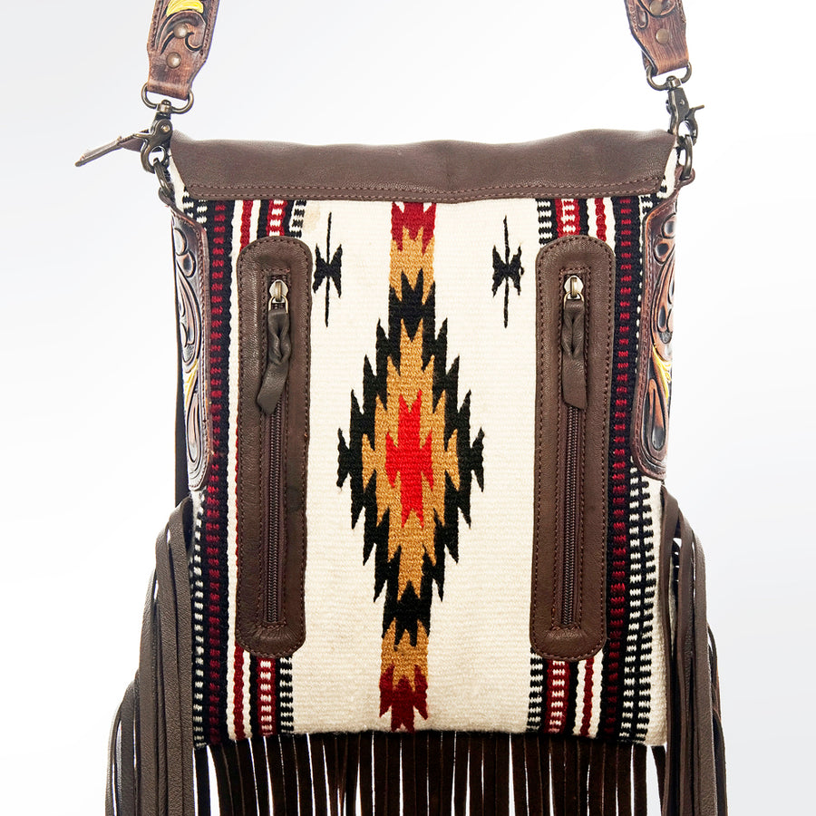 American Darling Cross body Bag Hand Tooled Floral Carved Genuine Leather Western Purse with Woven Saddle Blanket & Fringes