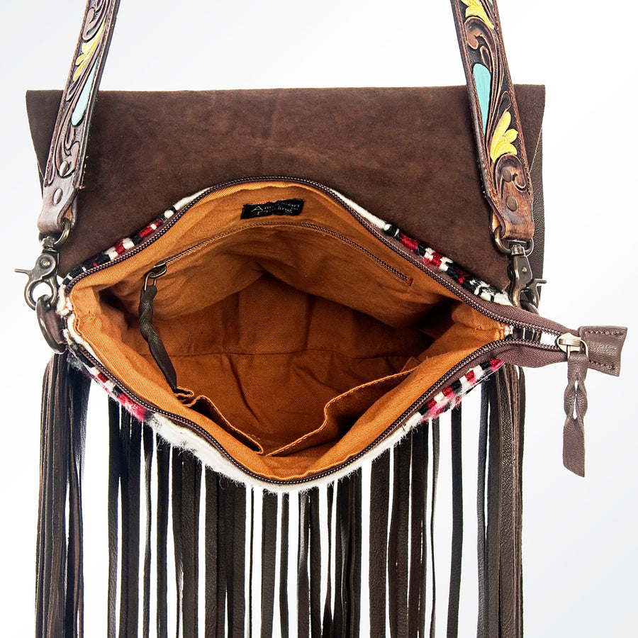 American Darling Cross body Bag Hand Tooled Floral Carved Genuine Leather Western Purse with Woven Saddle Blanket & Fringes