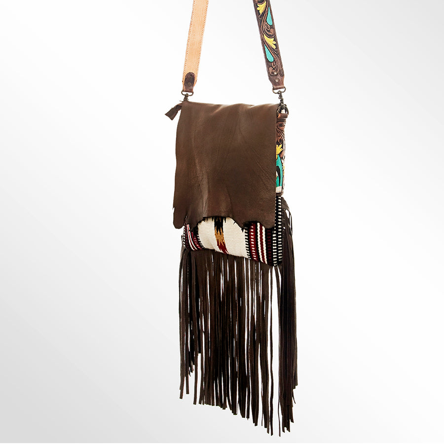 American Darling Hand Tooled Floral Cross body Bag with Woven Saddle Blanket and Fringes - Uhorse