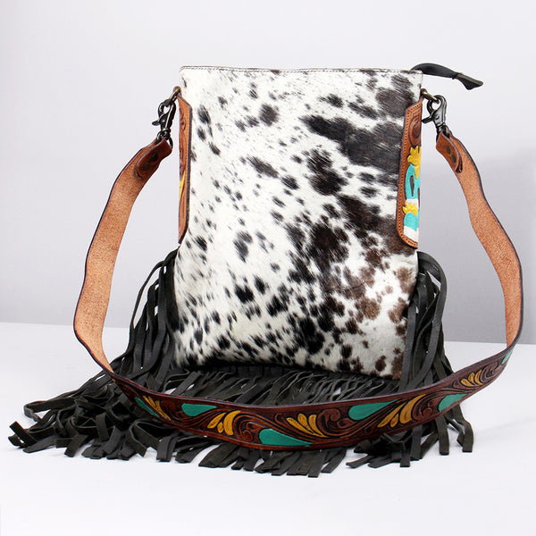 American Darling Hand Tooled Floral Large Cross body Bag with Cowhide and Fringes - Uhorse