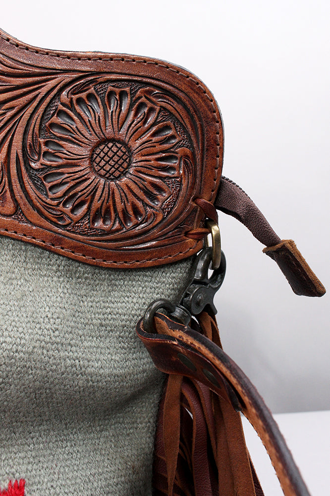 American Darling Clutch Bag Hand Tooled Floral Carved Genuine Leather Western Purse with Hand Woven Saddle Blanket & Fringes