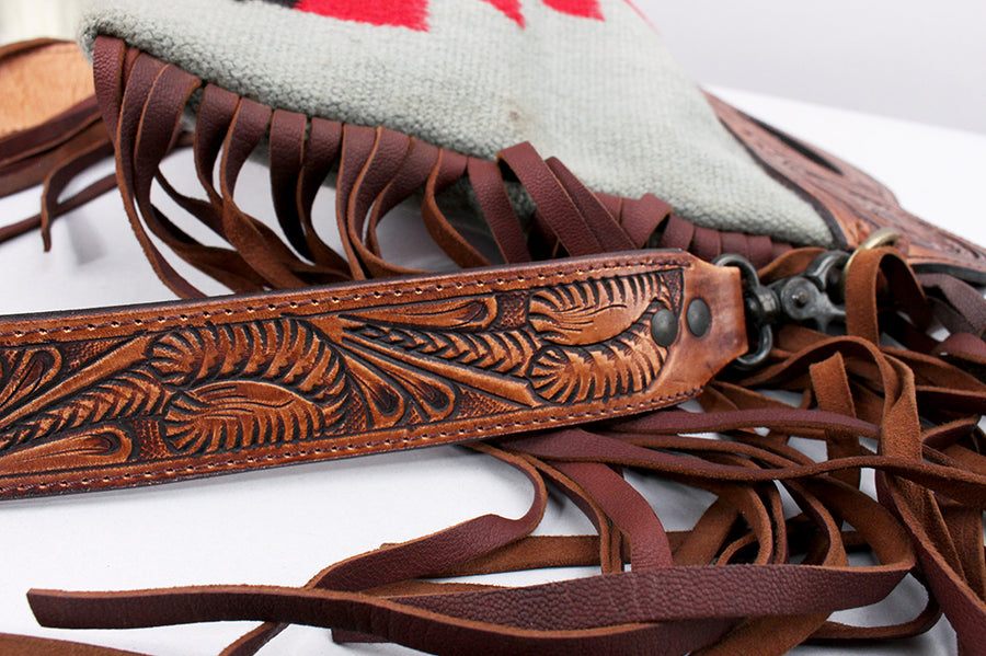 American Darling Clutch Bag Hand Tooled Floral Carved Genuine Leather Western Purse with Hand Woven Saddle Blanket & Fringes