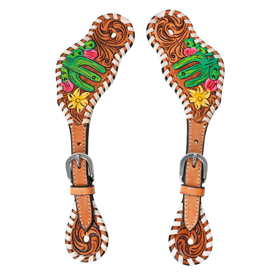 Leather spur straps with tooled floral design - Uhorse