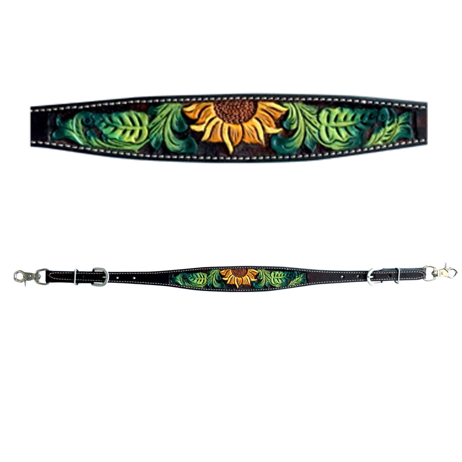 Black leather horse cinch with sunflower tooling - Uhorse