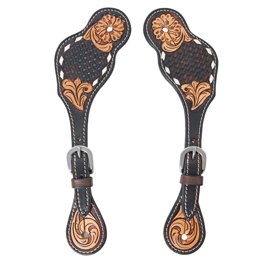 Black leather western spurs with tooled floral design - Uhorse