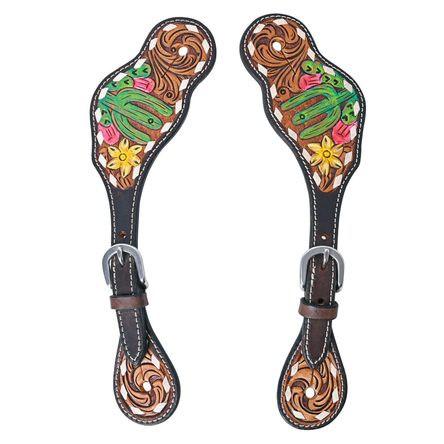 Leather spur straps with floral tooling and colored inlay - Uhorse