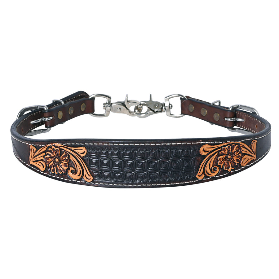 Brown leather western cinch with silver hardware and white stitching - Uhorse