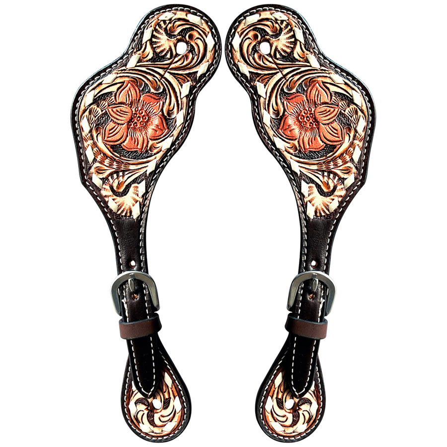 Leather spur straps with tooled floral design - Uhorse