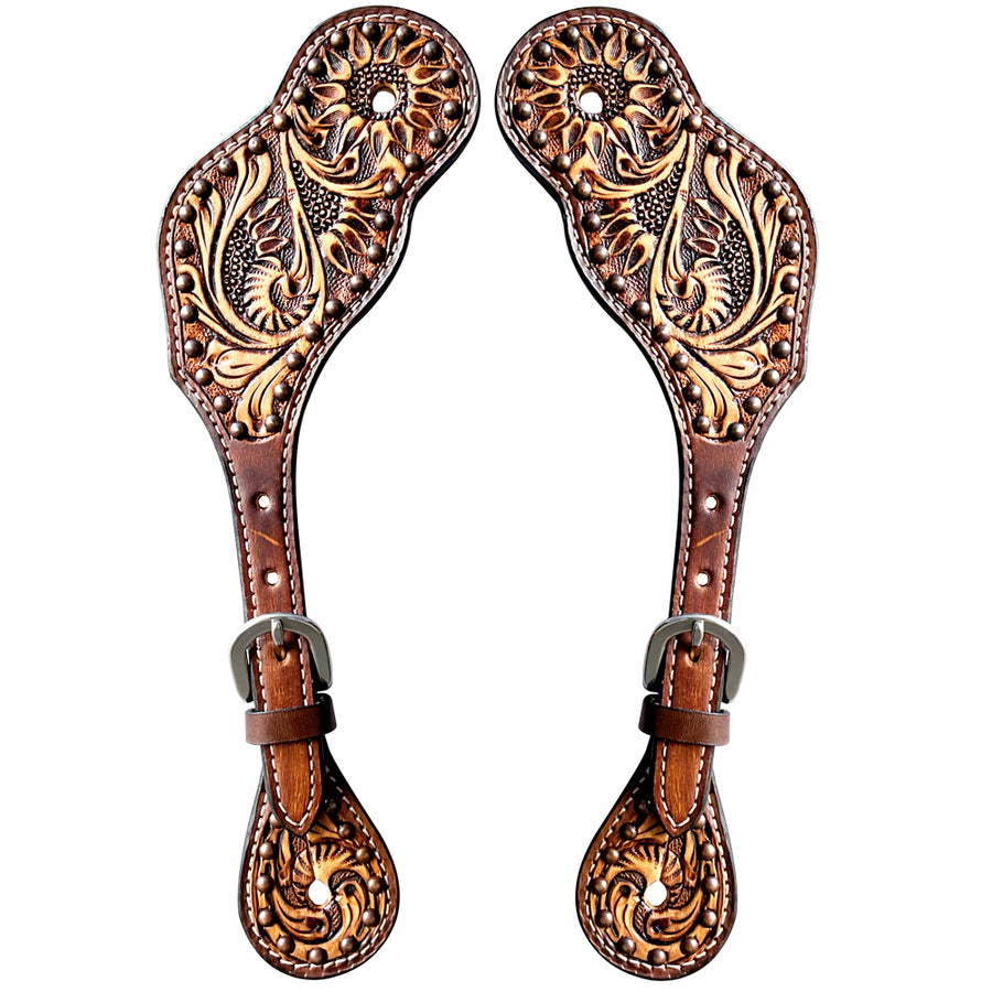 Tooled leather spur straps with floral design - Uhorse