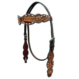 Floral Leaf Hand Carved Horse Western Leather Headstall Brown