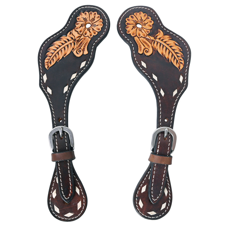 Leather spur straps with tooled floral design - Uhorse