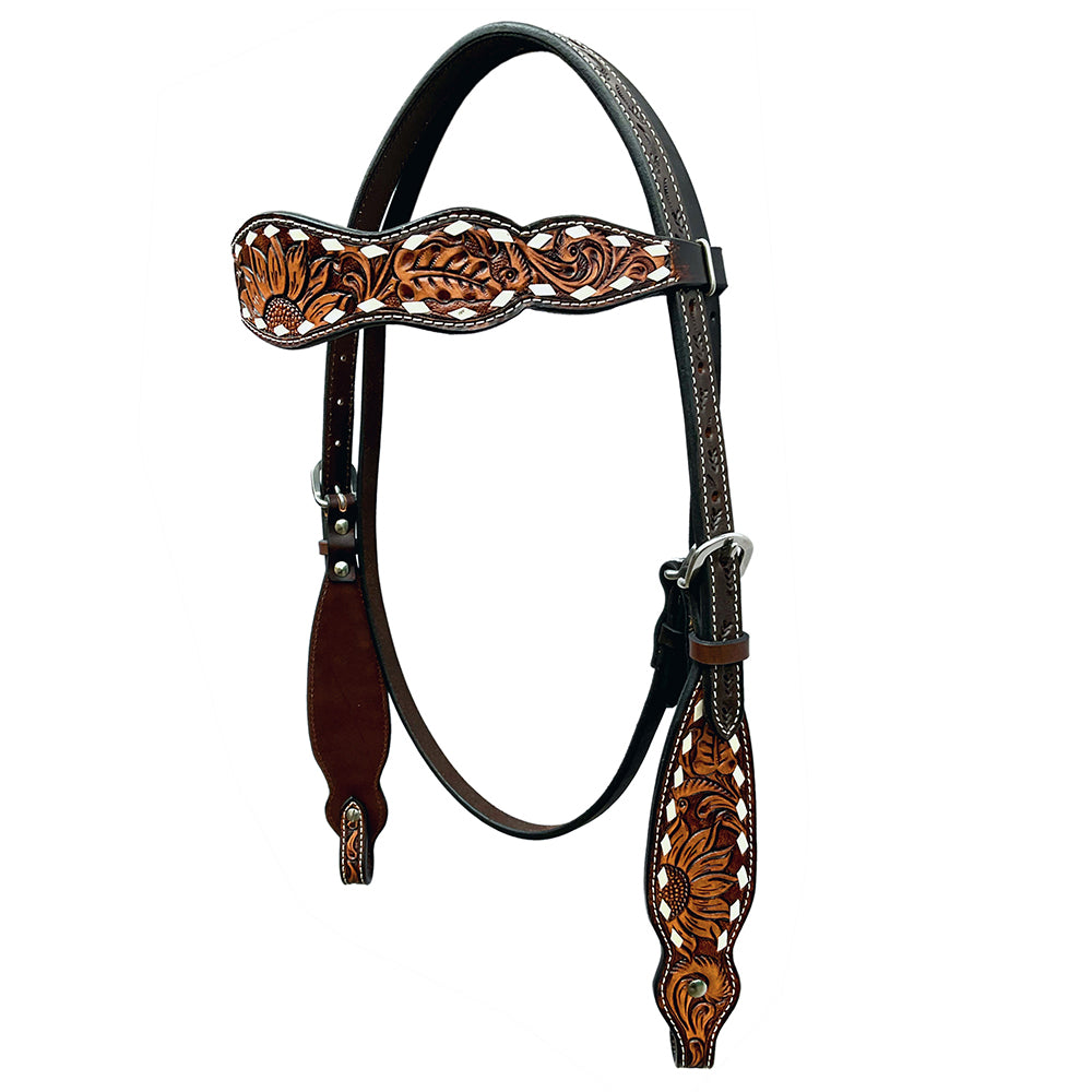 Sunflower Floral Genuine Hand Carved Horse Western Leather Headstall