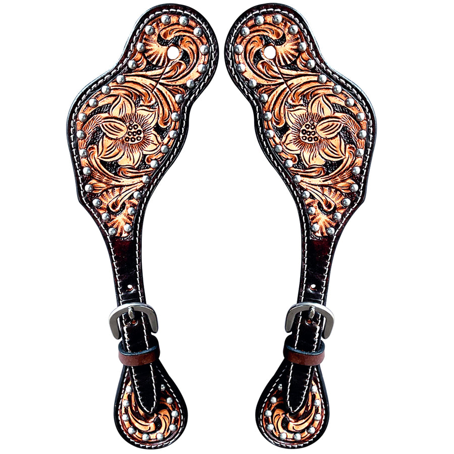 Leather spur straps with tooled floral design - Uhorse