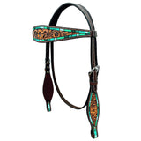 Turquoise Signet Marigold Floral Hand Carved And Painted Horse Western Leather Headstall Dark Brown