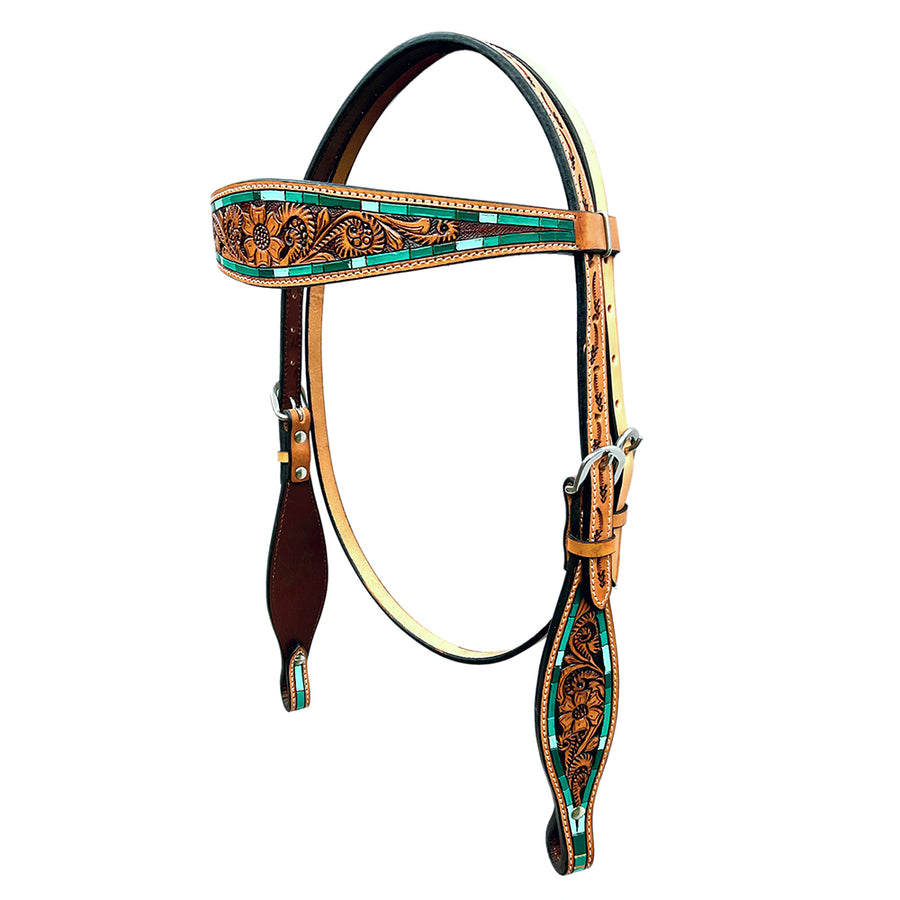 Bar H Equine Horse Genuine Leather Floral Design Breast Collar ,Headstall Brown