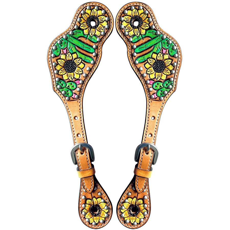 Leather spur straps with sunflower tooling - Uhorse