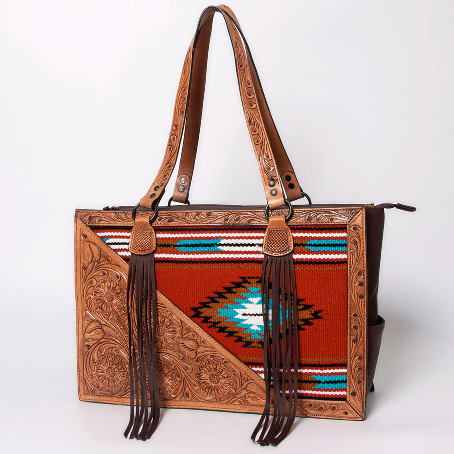 Tooled leather tote bag with woven textile panels and fringe - Uhorse