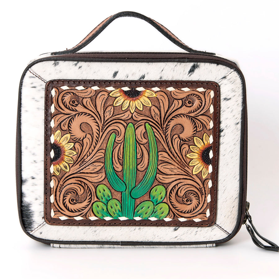 American Darling Jewelry Case for Women - Hair-On Cowhide, Hand Tooled Floral Carved Genuine Leather Travel Organizer