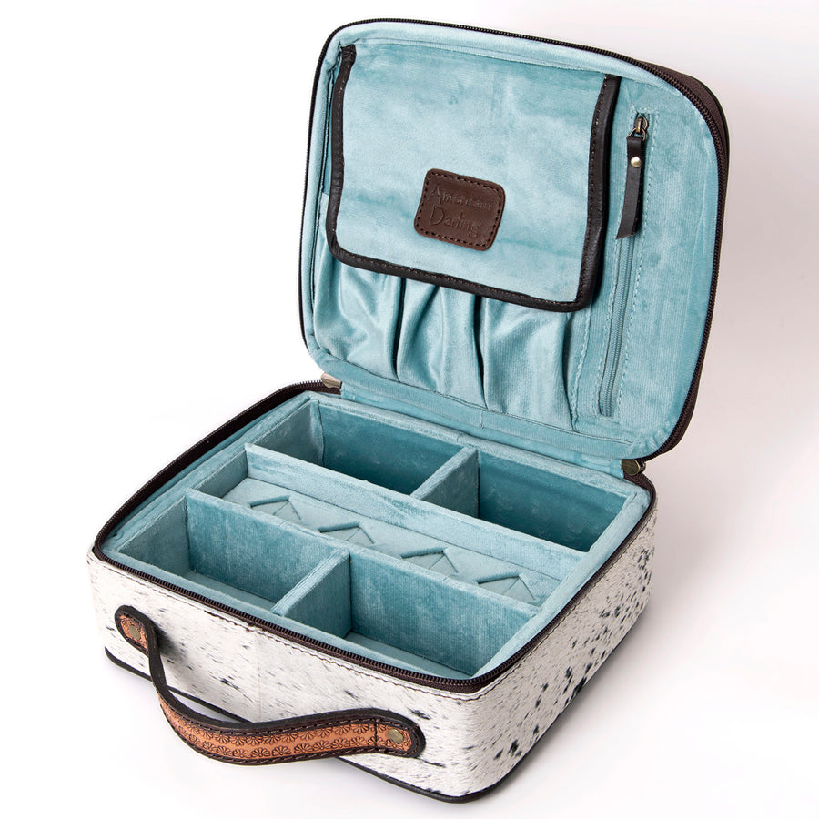 American Darling Jewelry Case for Women - Hair-On Cowhide, Hand Tooled Floral Carved Genuine Leather Travel Organizer