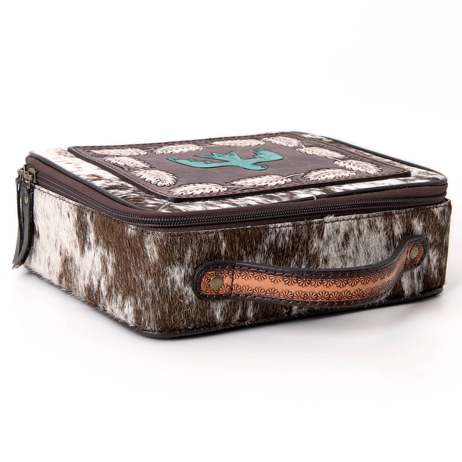 American Darling Jewelry Case for Women - Hair-On Cowhide, Hand Tooled Floral Carved Genuine Leather Travel Organizer