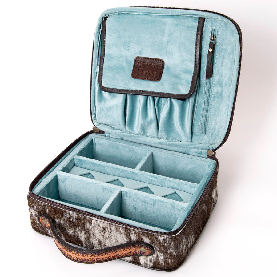 American Darling Jewelry Case for Women - Hair-On Cowhide, Hand Tooled Floral Carved Genuine Leather Travel Organizer