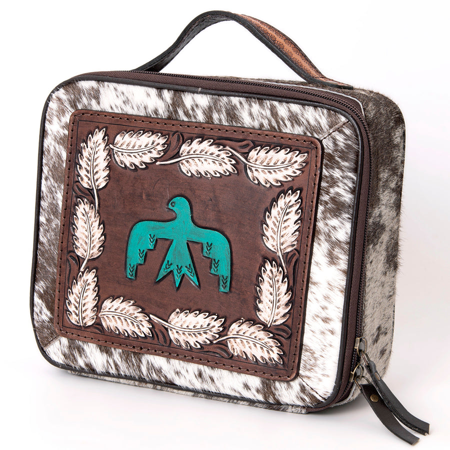 American Darling Western Hand Tooled Leather Hair-On Cowhide Jewelry Case - Uhorse