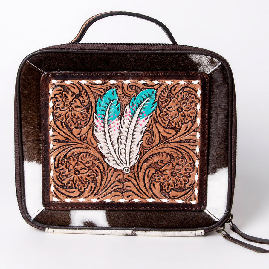 American Darling Jewelry Case for Women - Hair-On Cowhide, Hand Tooled Floral Carved Genuine Leather Travel Organizer