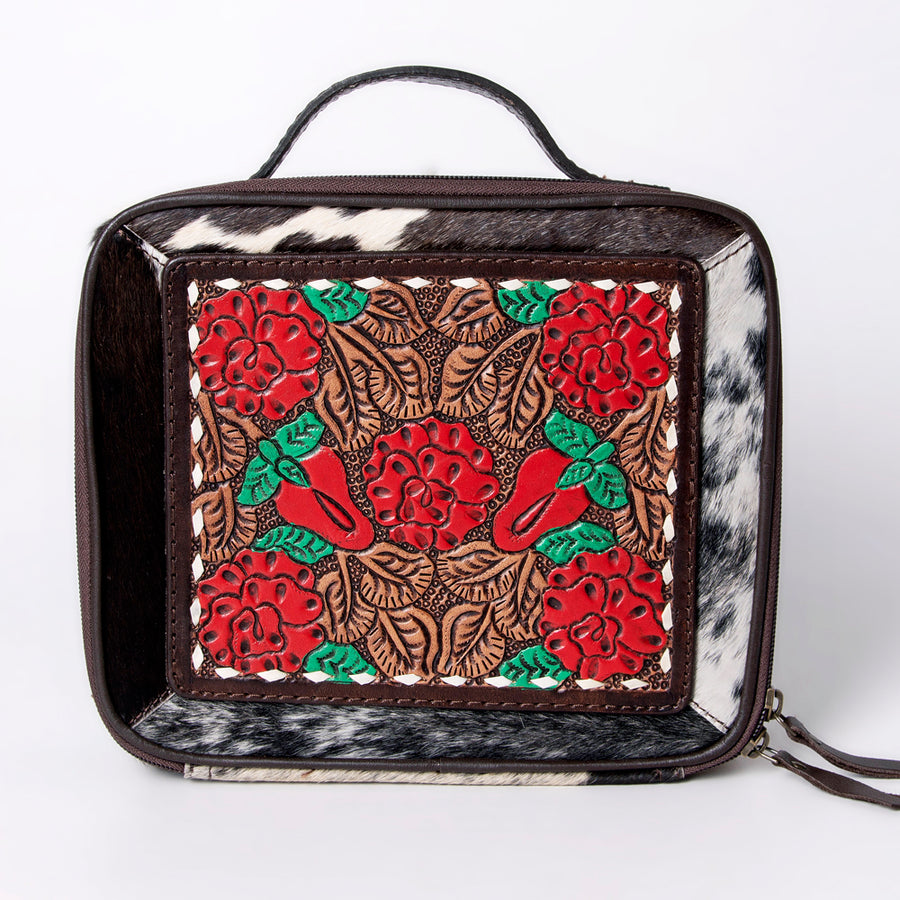 American Darling Jewelry Case for Women - Hair-On Cowhide, Hand Tooled Floral Carved Genuine Leather Travel Organizer