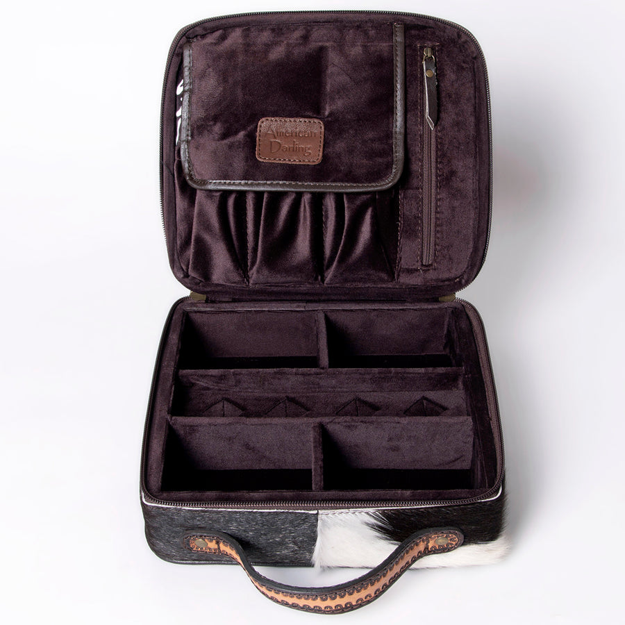 American Darling Jewelry Case for Women - Hair-On Cowhide, Hand Tooled Floral Carved Genuine Leather Travel Organizer