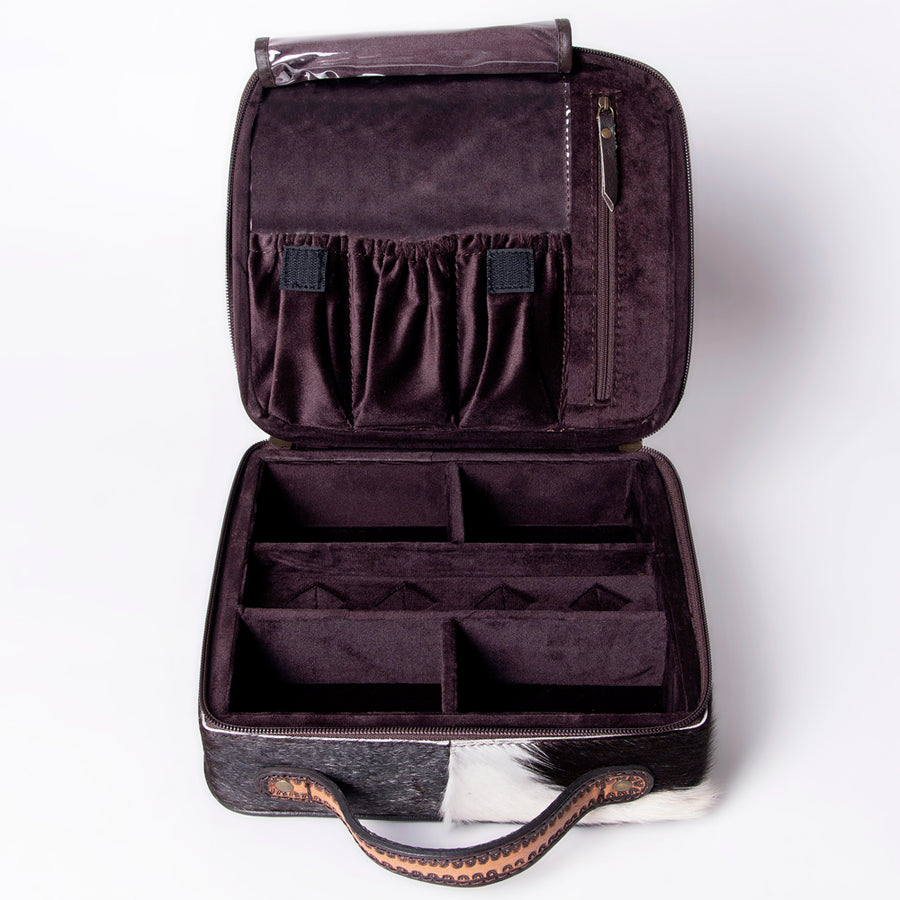 American Darling Jewelry Case for Women - Hair-On Cowhide, Hand Tooled Floral Carved Genuine Leather Travel Organizer