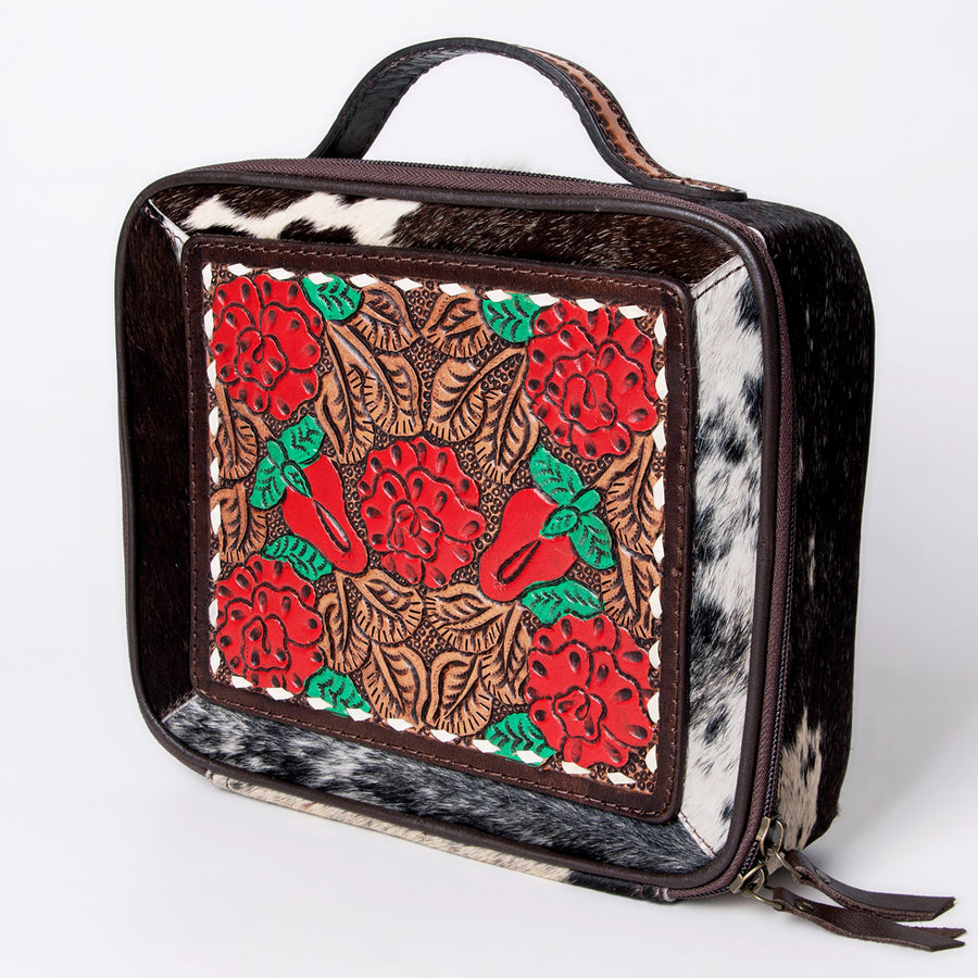 American Darling Western Hand Tooled Leather Hair-On Cowhide Jewelry Case - Uhorse