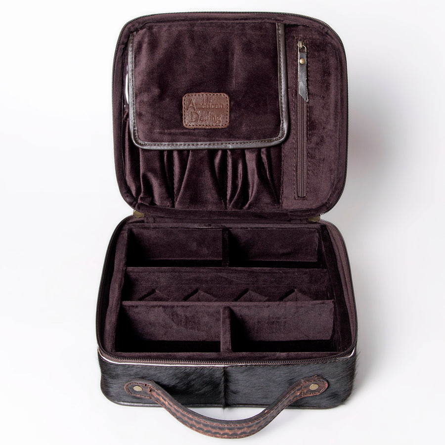 American Darling Jewelry Case for Women - Hair-On Cowhide, Hand Tooled Floral Carved Genuine Leather Travel Organizer