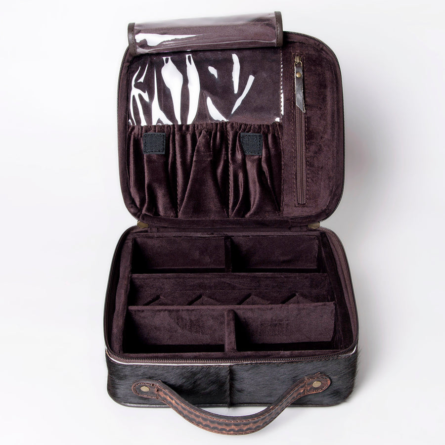 American Darling Jewelry Case for Women - Hair-On Cowhide, Hand Tooled Floral Carved Genuine Leather Travel Organizer