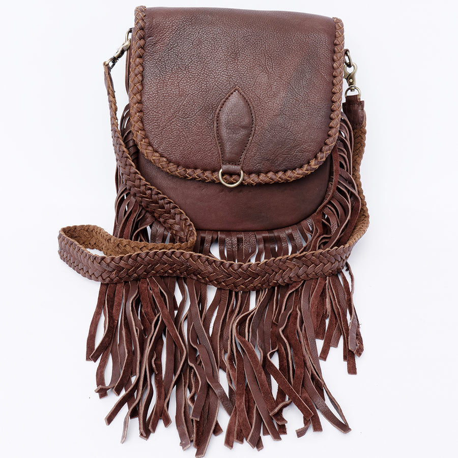American Darling Cross body Bag, Genuine Hair-On Cowhide & Leather with Fringes and Braided Detail, 9in (H) X 9in (W) X 2in (D)