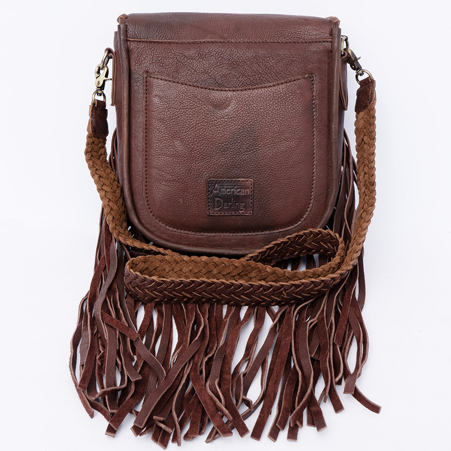 American Darling Cross body Bag, Genuine Hair-On Cowhide & Leather with Fringes and Braided Detail, 9in (H) X 9in (W) X 2in (D)