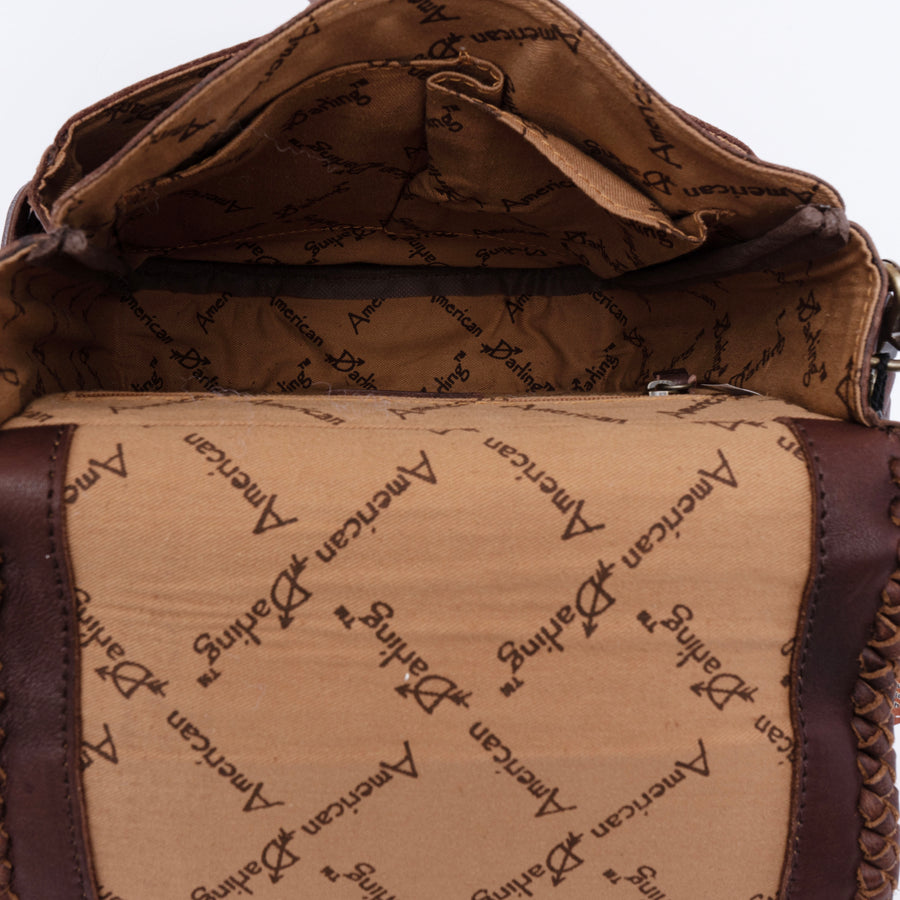 American Darling Cross body Bag, Genuine Hair-On Cowhide & Leather with Fringes and Braided Detail, 9in (H) X 9in (W) X 2in (D)