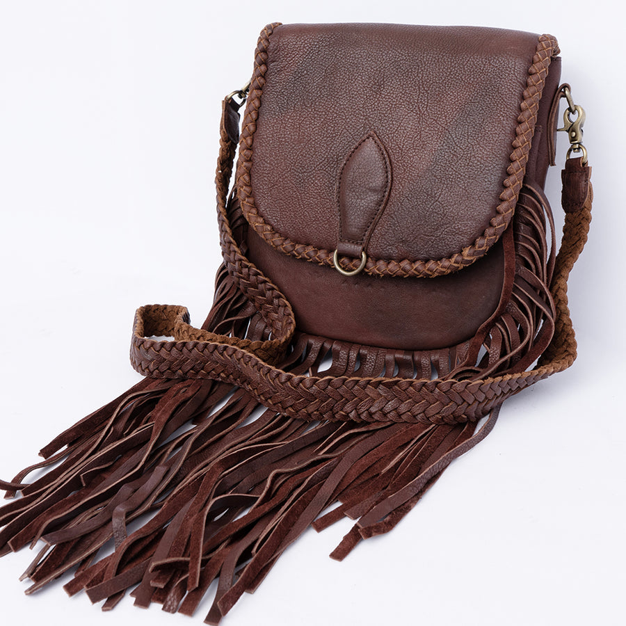 American Darling Handcrafted Leather Cross body Bag with Long Fringes and Braided Trim - Uhorse