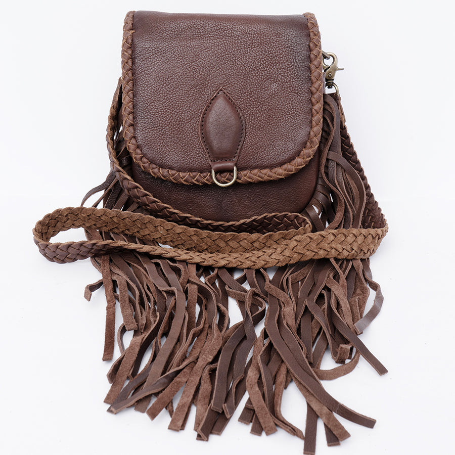 American Darling Cross body Bag, Genuine Hair-On Cowhide & Leather with Fringes and Braided Detail, 9in (H) X 9in (W) X 2in (D)