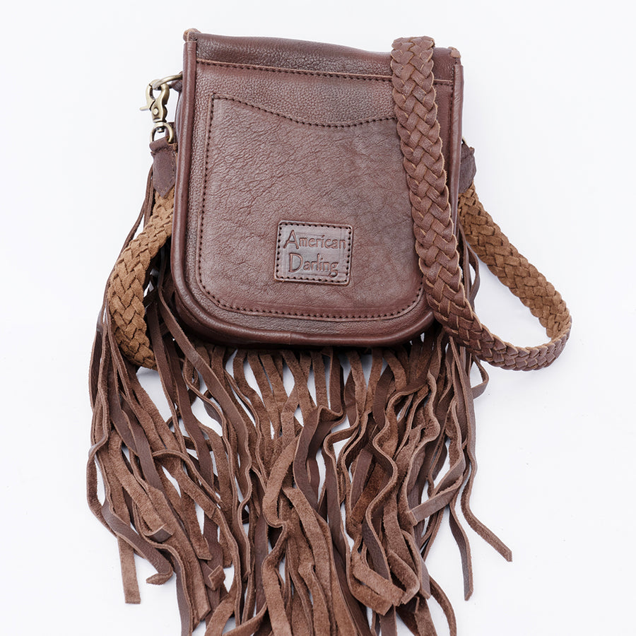 American Darling Cross body Bag, Genuine Hair-On Cowhide & Leather with Fringes and Braided Detail, 9in (H) X 9in (W) X 2in (D)