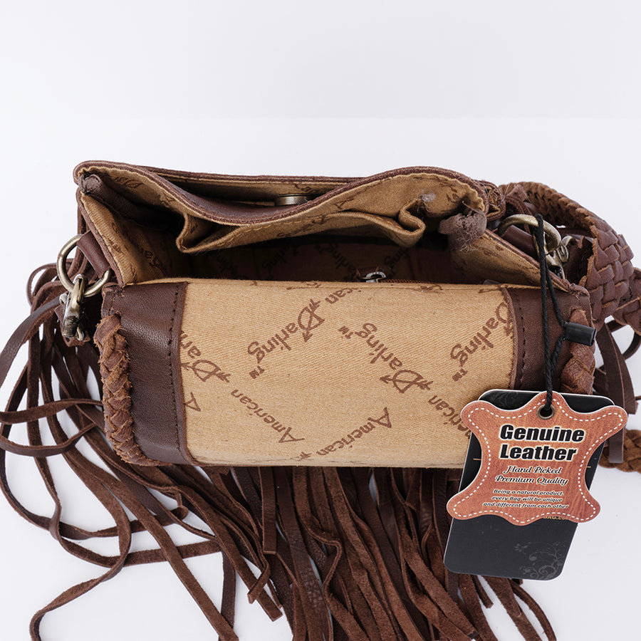 American Darling Cross body Bag, Genuine Hair-On Cowhide & Leather with Fringes and Braided Detail, 9in (H) X 9in (W) X 2in (D)