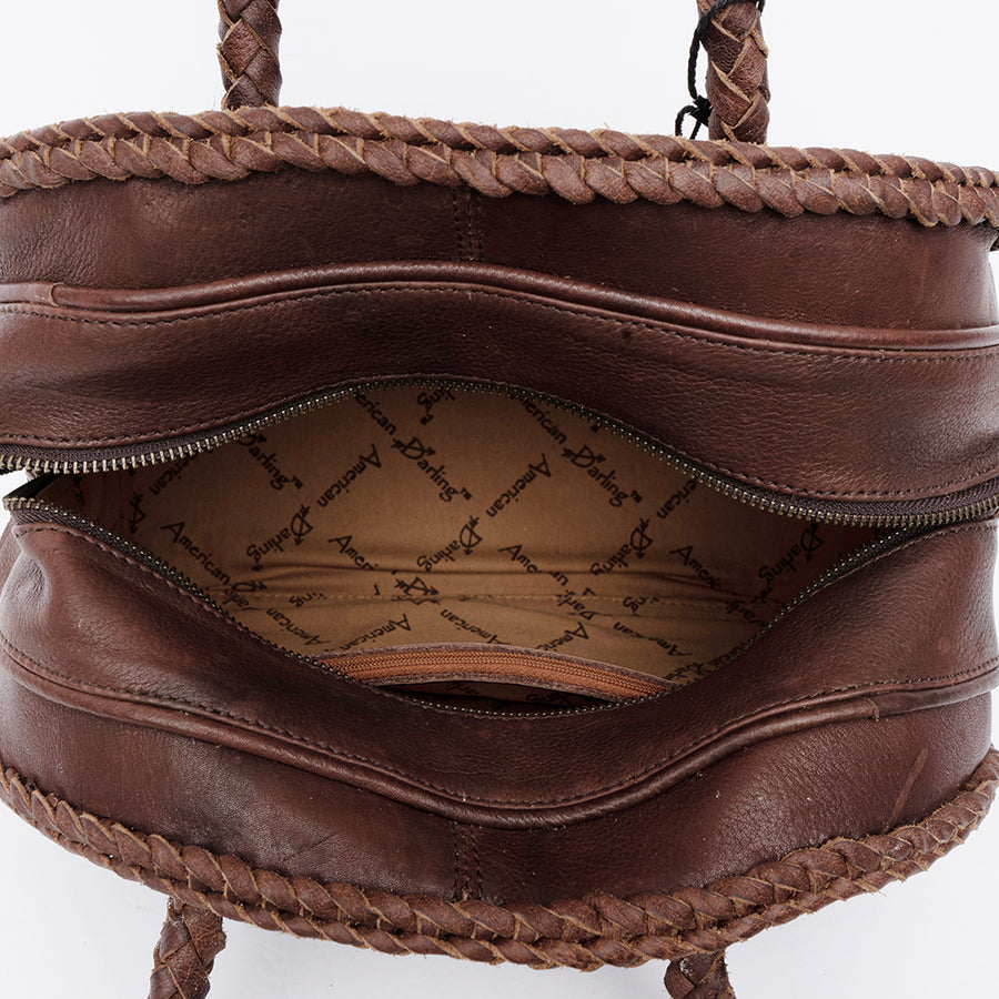 American Darling Tote Bag, Genuine Vegetable-Tanned Leather, Braided Trim and Fringes, Western Handcrafted Handbag for Women