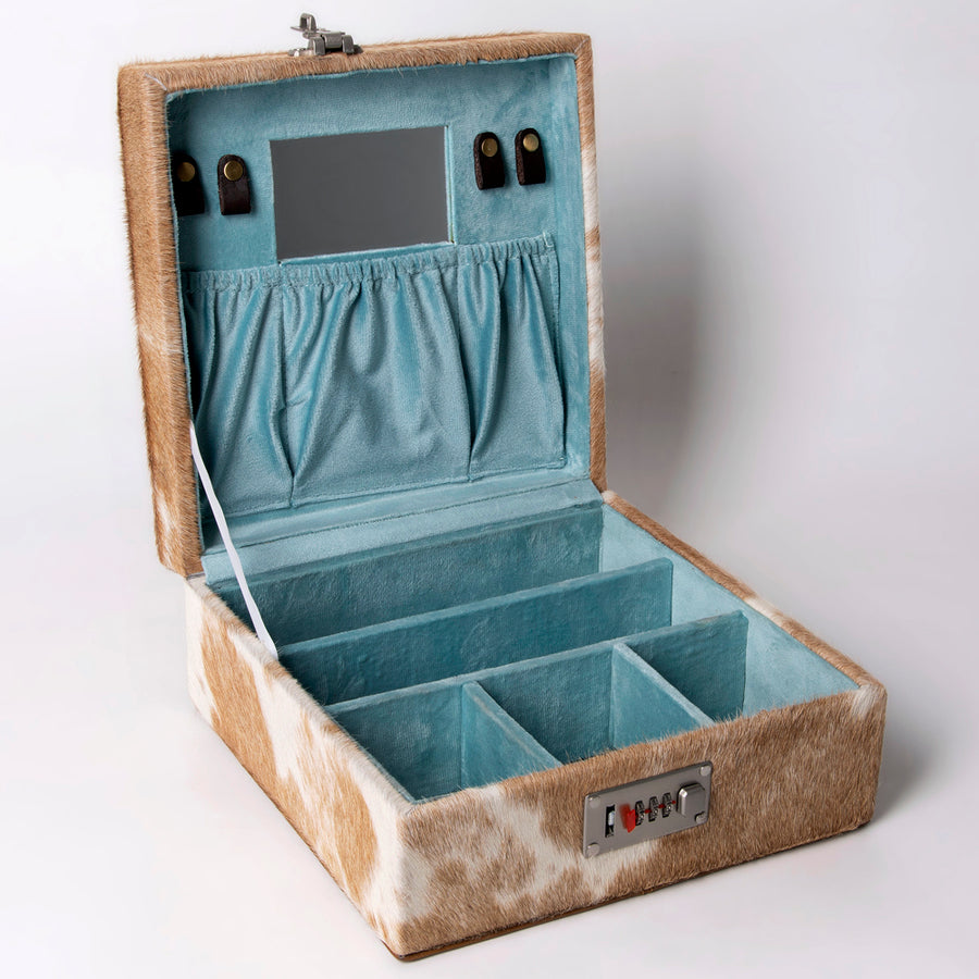 American Darling Jewelry case for Women - Hair-On Cowhide Genuine Leather Travel Organizer with Lock & Top Handle