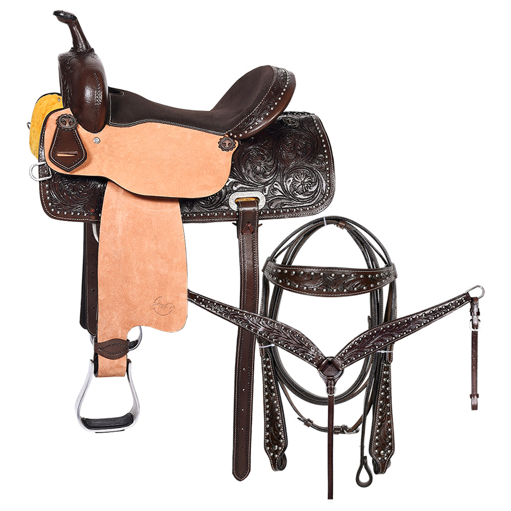 17 In Western Horse Barrel Racing Trail Saddle Tack Set Genuine Leather
