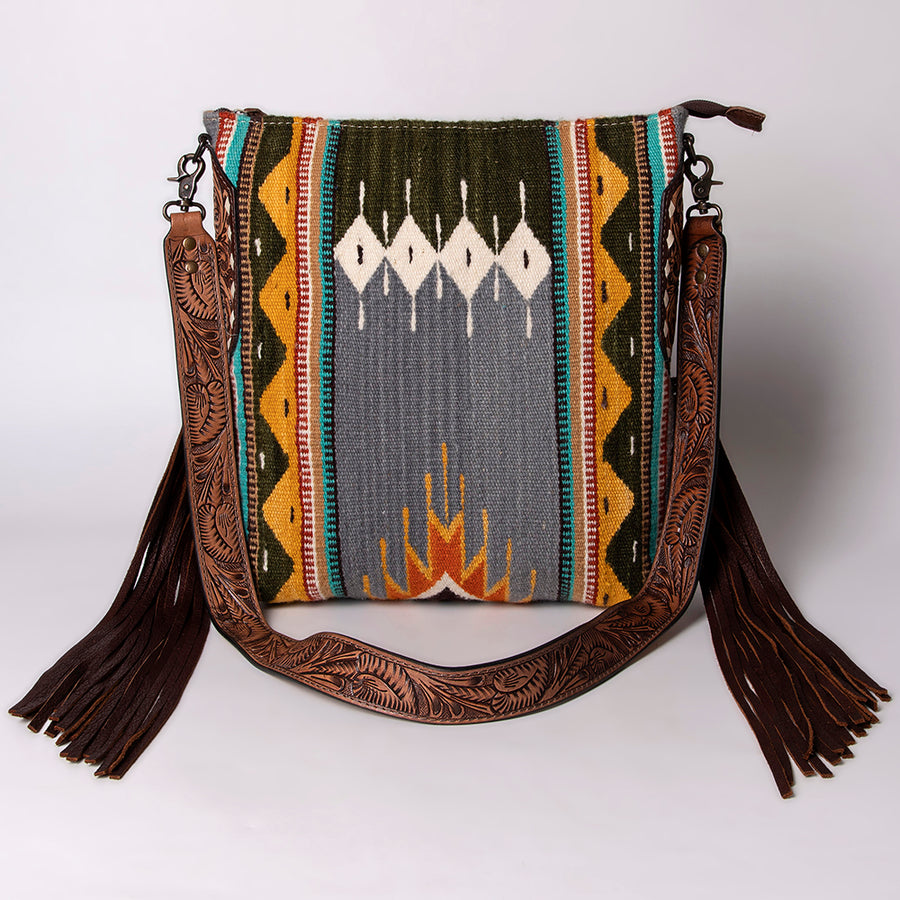 American Darling Cross body Bag Hand Woven Saddle Blanket Hand Tooled Western Leather Purse with Fringes 15in x 15in x 3in