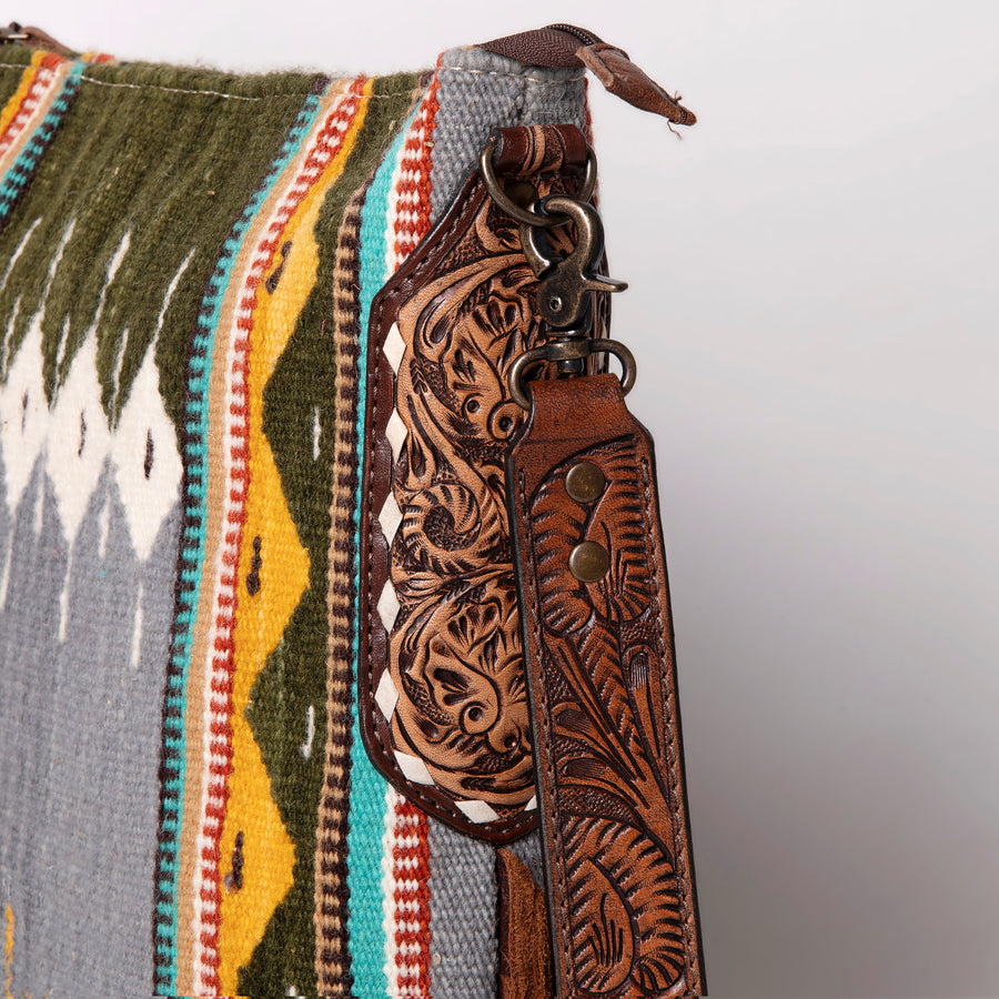 American Darling Cross body Bag Hand Woven Saddle Blanket Hand Tooled Western Leather Purse with Fringes 15in x 15in x 3in