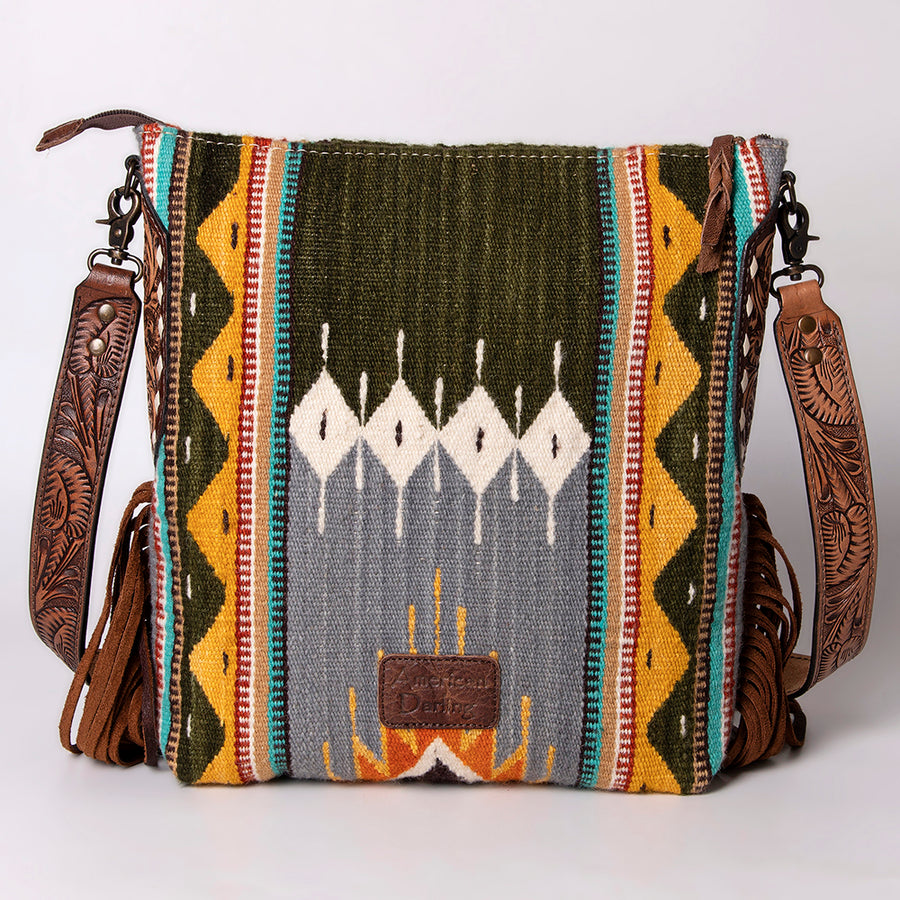 American Darling Cross body Bag Hand Woven Saddle Blanket Hand Tooled Western Leather Purse with Fringes 15in x 15in x 3in