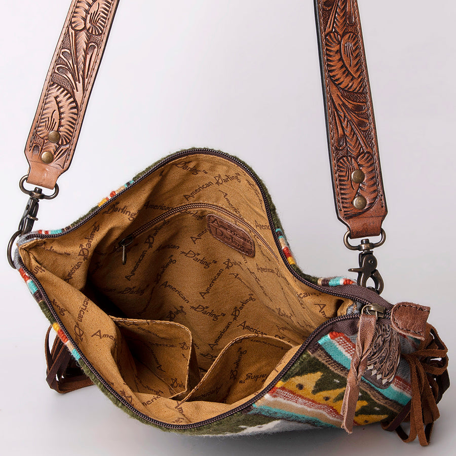 American Darling Cross body Bag Hand Woven Saddle Blanket Hand Tooled Western Leather Purse with Fringes 15in x 15in x 3in